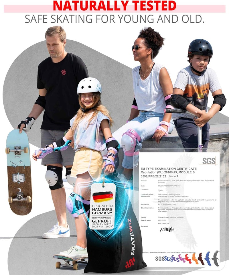 SKATEWIZ مجموعة واقيات الحماية لركوب السكيت بورد للأطفال والبالغين - سماش - واقيات ركوب السكيت [6 قطع] مع واقيات المعصم - معدات الحماية لركوب السكيت - رولر ديربي - Image 2